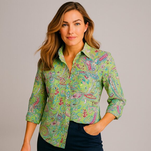 Chaps Tops - Chaps Medium Green Pink Paisley Cotton Button Down Shirt Boho Retro Y2K Preppy